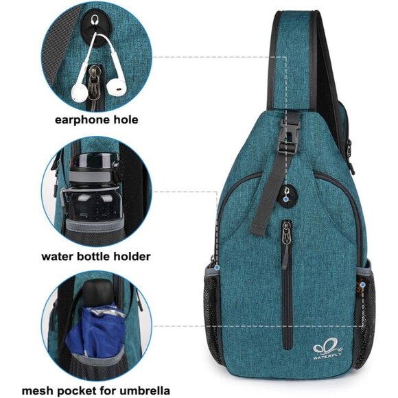 Waterfly Men Women Teal Blue Crossbody Adjustable Strap Hiking Sling Backpack - Picture 3 of 7